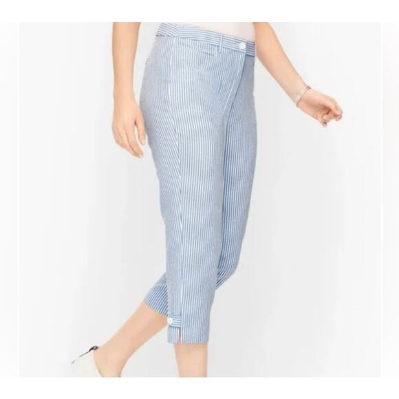 Talbots Slim Ankle Seersucker Pants with Buttons Blue & White - Size 18W - Picture 1 of 10